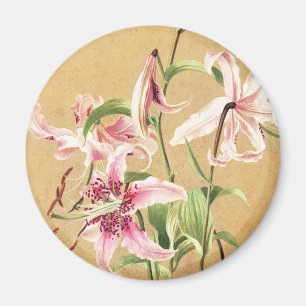 Vintage Pink Oriental Lily Botanical Flower Art Magnet