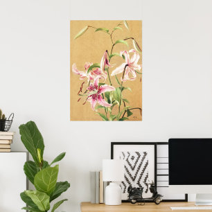 Vintage Pink Oriental Lily Botanical Flower Art Poster