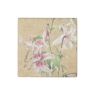 Vintage Pink Oriental Lily Botanical Flower Art Stone Magnet