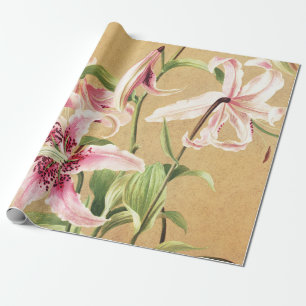 Vintage Pink Oriental Lily Botanical Flower Art Wrapping Paper