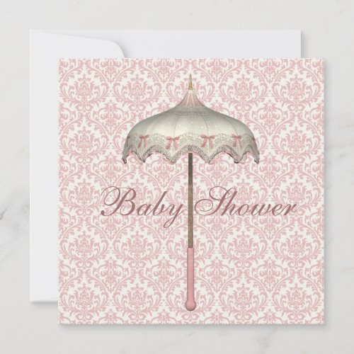 Vintage Pink Parasol Umbrella Baby Girl Shower Invitation