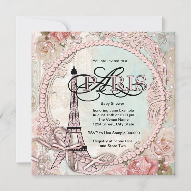 Vintage Pink Paris Baby Shower Invitations (Front)