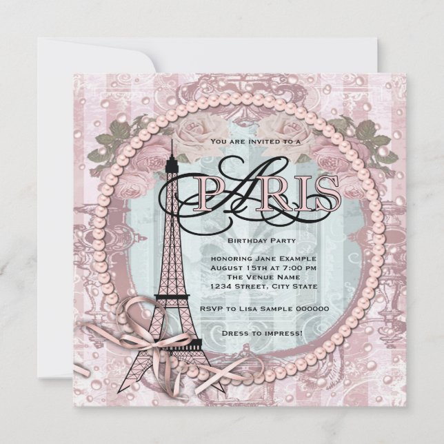 Vintage Pink Paris Birthday Party Invitations (Front)