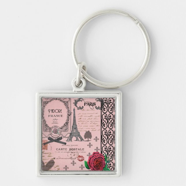 Vintage Pink Paris Collage Keychain (Front)
