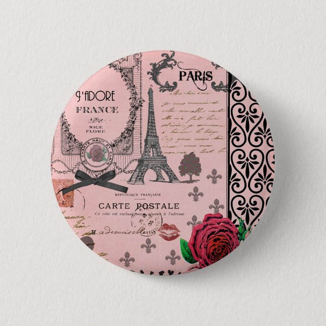 Vintage Pink Paris Collage Pinback Button (Front)
