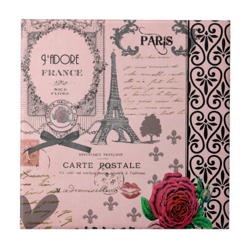 Vintage Pink Paris Collage Tile