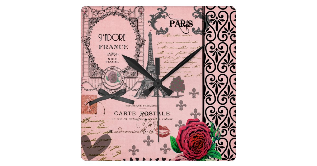 Vintage Pink Paris Collage Wall Clock Zazzle Com