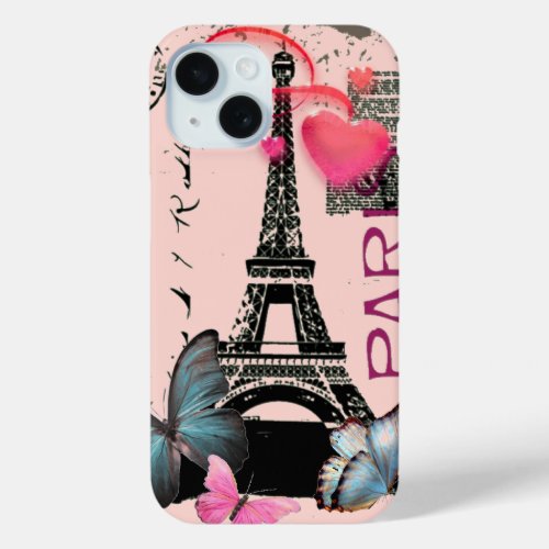 vintage pink Paris Effiel Tower Butterfly iPhone 15 Case