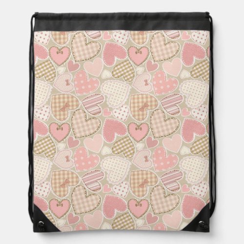 Vintage Pink Patchwork Hearts Crafts Drawstring Bag