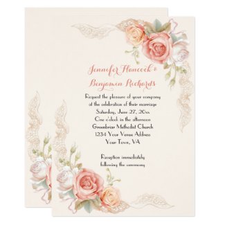 Vintage Pink Peach White Roses Lace Wedding Invite