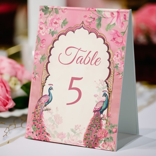 Vintage pink peacocks Indian wedding table numbers Tent (Vintage pink peacocks Indian wedding table numbers Table Tent Sign personalized table decor)