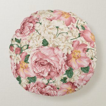 Vintage Pink Peonies And Ivory Hydrangeas Pattern Round Pillow by KeikoPrints at Zazzle