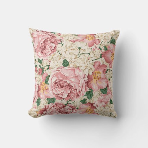 Vintage Pink Peonies and Ivory Hydrangeas Pattern Throw Pillow