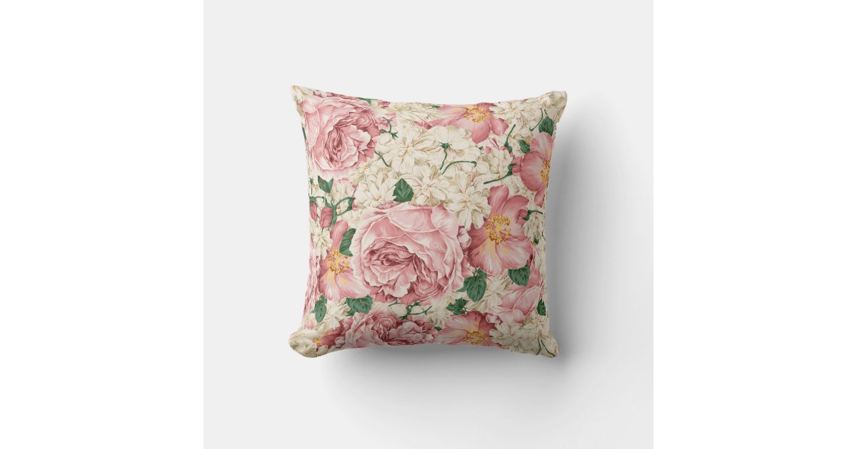 Vintage Pink Peonies and Ivory Hydrangeas Pattern Throw Pillow | Zazzle