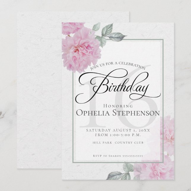 Vintage Pink Peonies Sweet Sixteen Birthday Invitation (Front/Back)