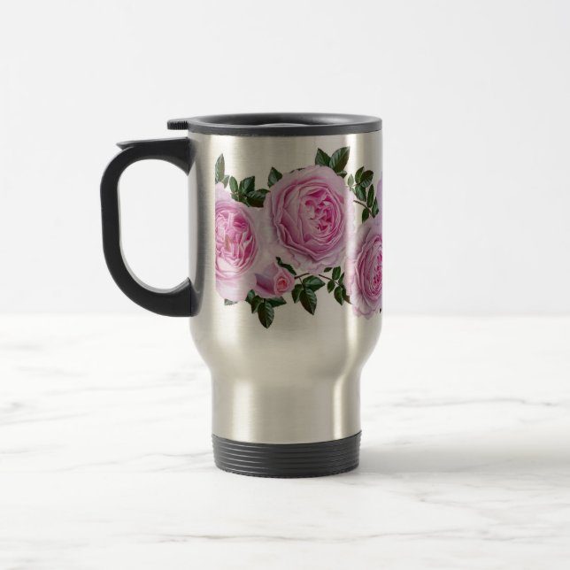 Vintage Pink Peonies Travel Mug (Left)