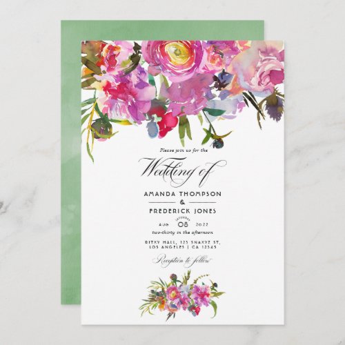 Vintage Pink Peonies Watercolor Wedding Photo Invitation