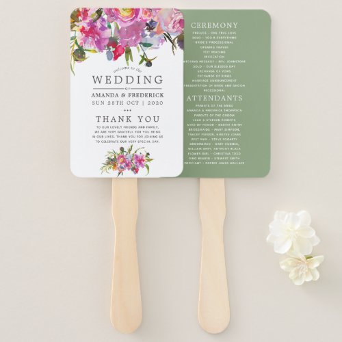 Vintage Pink Peonies Watercolor Wedding Program Hand Fan