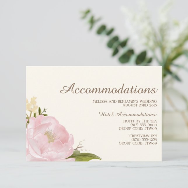 Vintage Pink Peonies Wedding Accommodations Card (Standing Front)