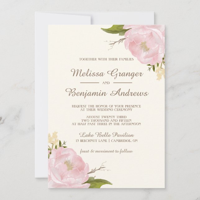 Vintage Pink Peonies Wedding Invitation (Front)