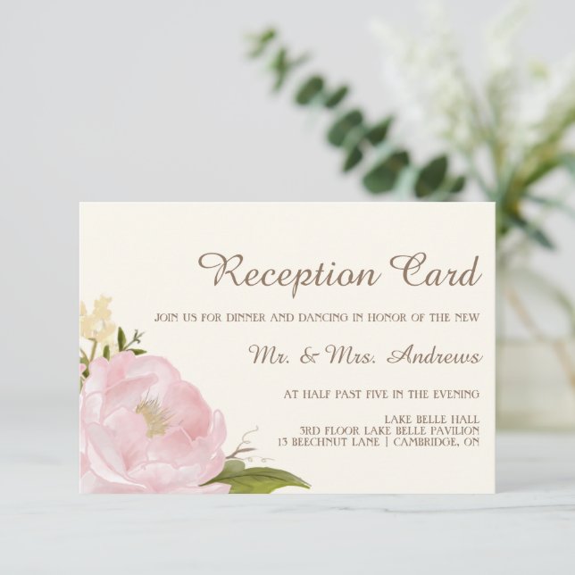Vintage Pink Peonies Wedding Reception Card (Standing Front)