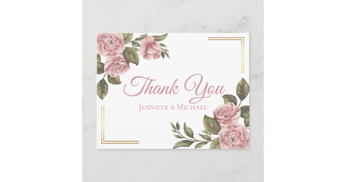 Vintage Pink Peony Elegant Wedding Thank You Postcard | Zazzle