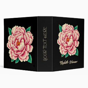 Vintage Pink Peony Flower Black 3 Ring Binder