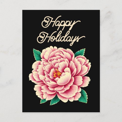 Vintage Pink Peony Flower Black Holiday Postcard
