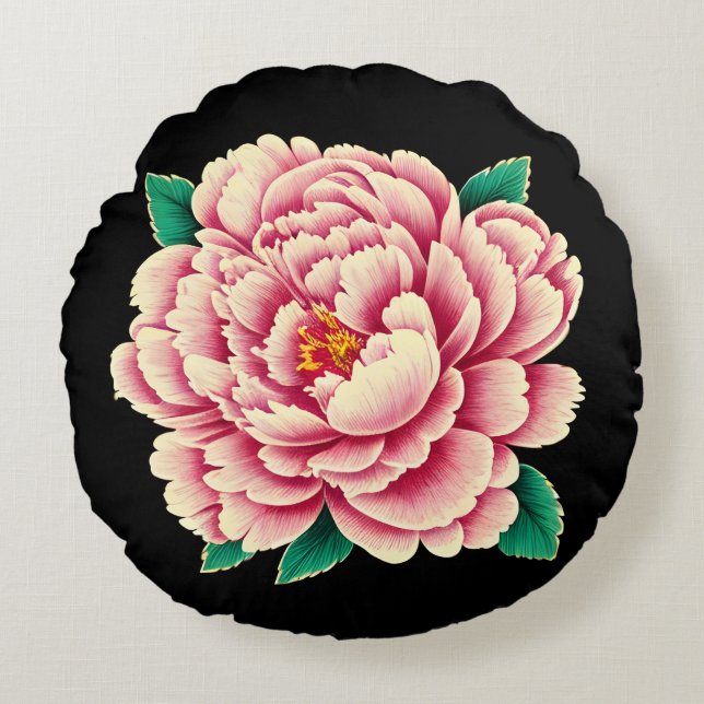 Vintage Pink Peony Flower Round Pillow (Front)