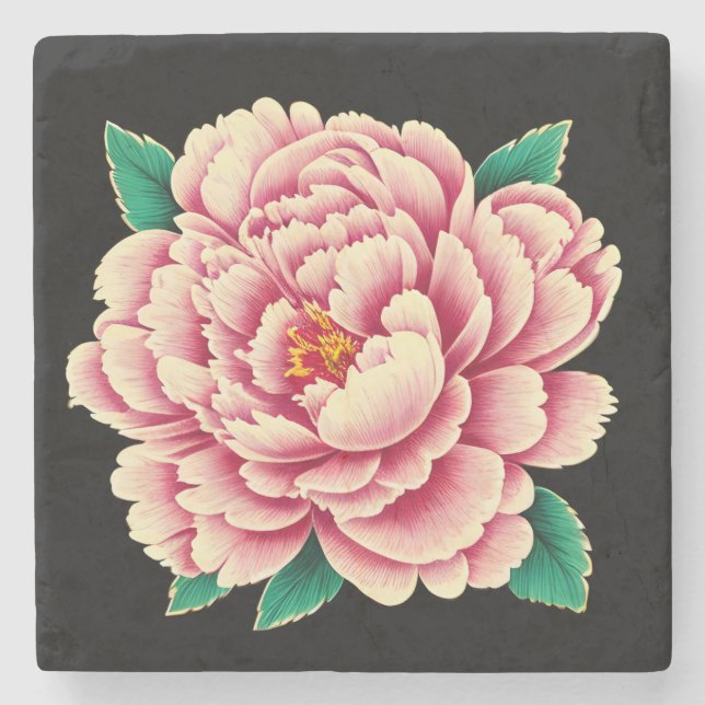 Vintage Pink Peony Flower Stone Coaster (Front)