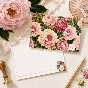 Vintage Pink Peony Monogram Personalized Note Card