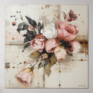 Vintage Pink Peony Rose Floral Bouquet Poster