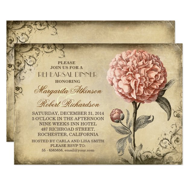 Vintage Pink Peony Rustic Rehearsal Dinner Invitation