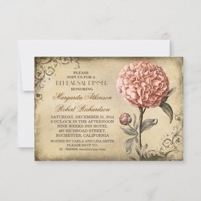 vintage pink peony rustic rehearsal dinner invitation (Front)