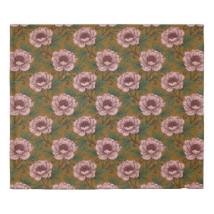 Vintage Pink Peony & Sage Botanical Etching Patter Duvet Cover