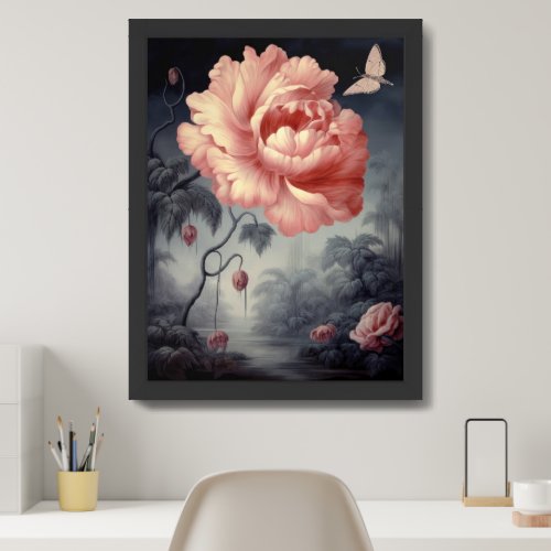 Vintage pink peony with butterfly muted colors  framed art