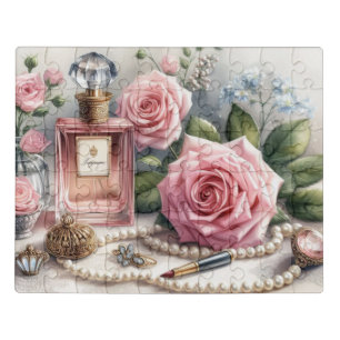 Vintage Pink Perfume Bottle Pearls and Roses Jigsaw Puzzle