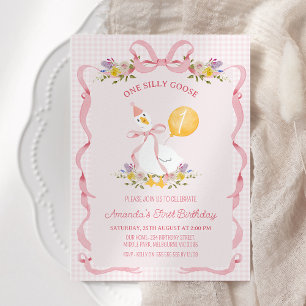 Vintage Pink Plaid One Silly Goose 1st Birthday Invitation