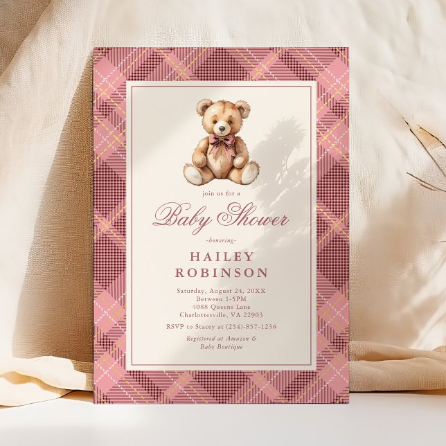 Vintage Pink Plaid Teddy Bear Baby Shower Invitation (Creator Uploaded)