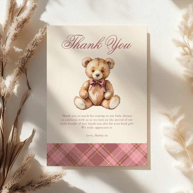 Vintage Pink Plaid Teddy Bear Baby Shower Thank You Card (Creator Uploaded)