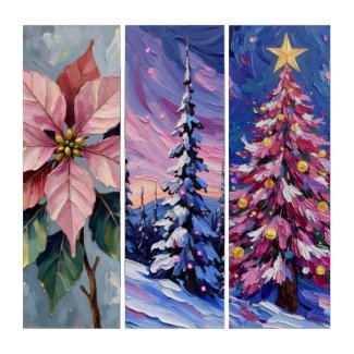 Vintage Pink Poinsettia Textured Impasto Oil Triptych