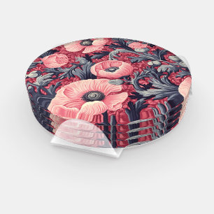 Vintage Pink Poppies Floral  Coaster Set