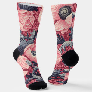 Vintage Pink Poppies Floral  Socks