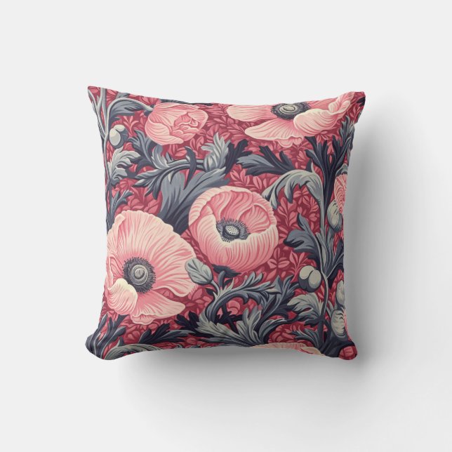 Vintage Pink Poppies Floral  Throw Pillow (Front)