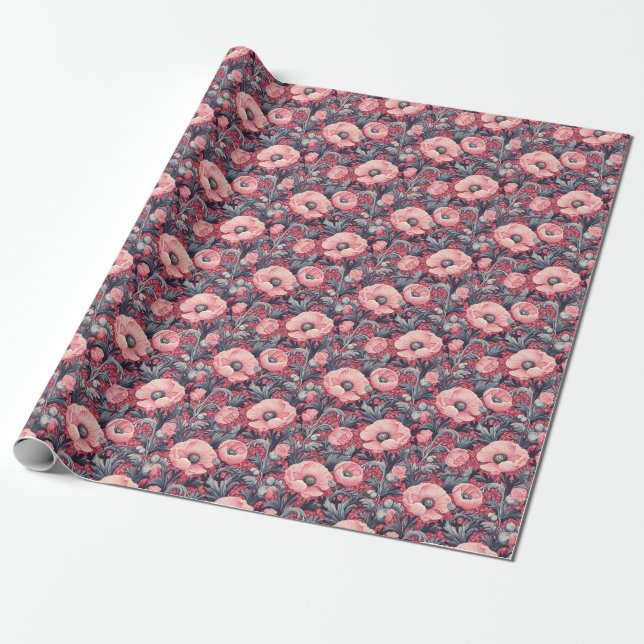 Vintage Pink Poppies Floral  Wrapping Paper (Unrolled)
