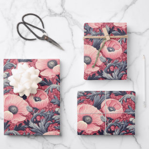 Vintage Pink Poppies Floral  Wrapping Paper Sheets