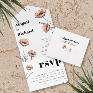 Vintage Pink poppies wildflowers floral wedding All In One Invitation