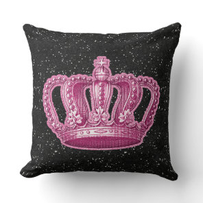 Vintage Pink Princess Crown Black Glitter Sparkle Throw Pillow