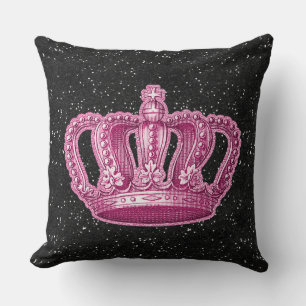 Vintage Pink Princess Crown Black Glitter Sparkle Throw Pillow
