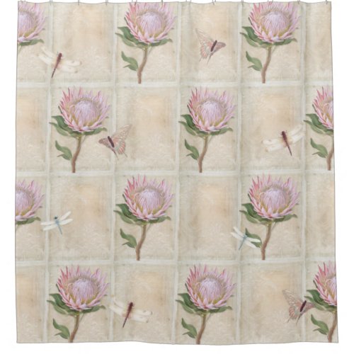 Vintage Pink Protea Flower Dragonfly Butterfly Art Shower Curtain